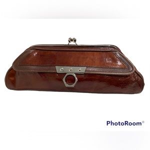 Zac Posen Brown Leather Clutch with Kiss lock made in Italy